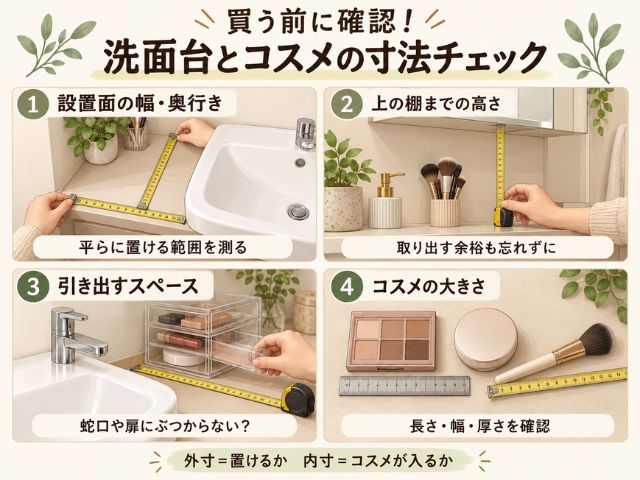 買ったのに引き出せない…を防ぐ!狭い洗面台のコスメ収納と寸法チェック